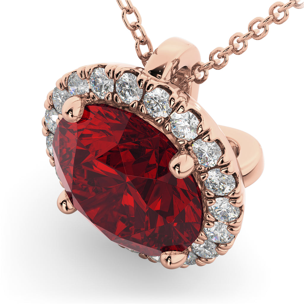 Halo Round Ruby & Diamond Pendant Necklace 14k Rose Gold (2.59ct)