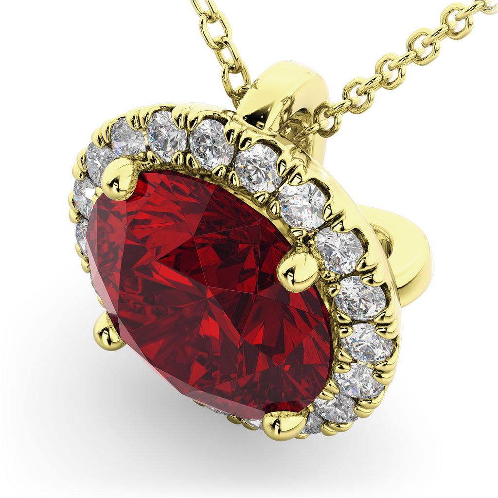 Halo Round Ruby & Diamond Pendant Necklace 14k Yellow Gold (2.59ct)