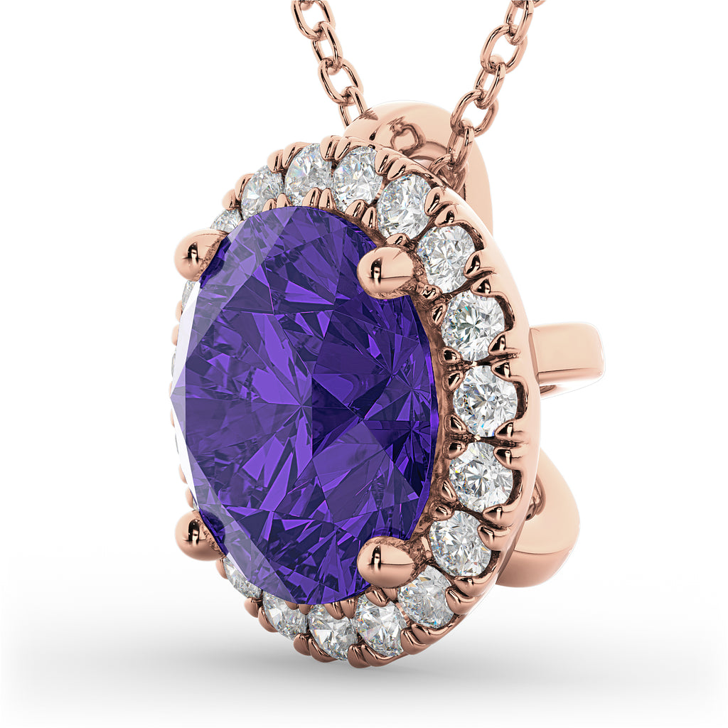 Halo Round Tanzanite & Diamond Pendant Necklace 14k Rose Gold (2.09ct)