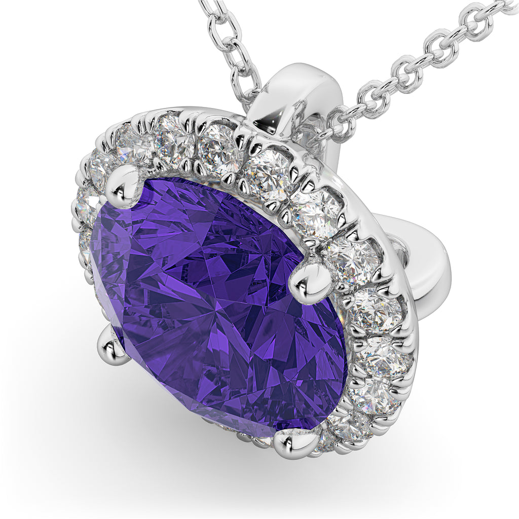 Halo Round Tanzanite & Diamond Pendant Necklace 14k White Gold (2.09ct)