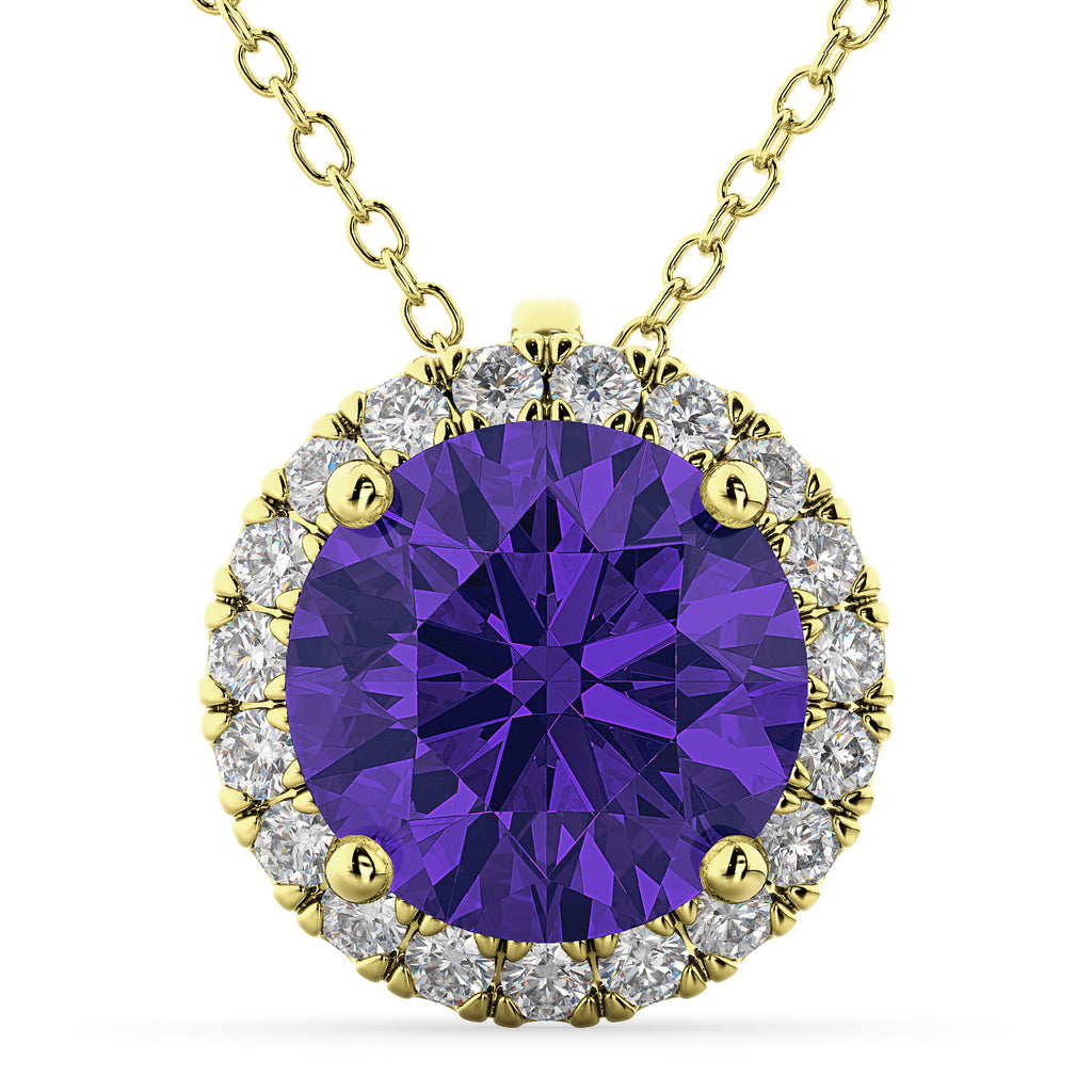 Halo Round Tanzanite & Diamond Pendant Necklace 14k Yellow Gold (2.09ct)