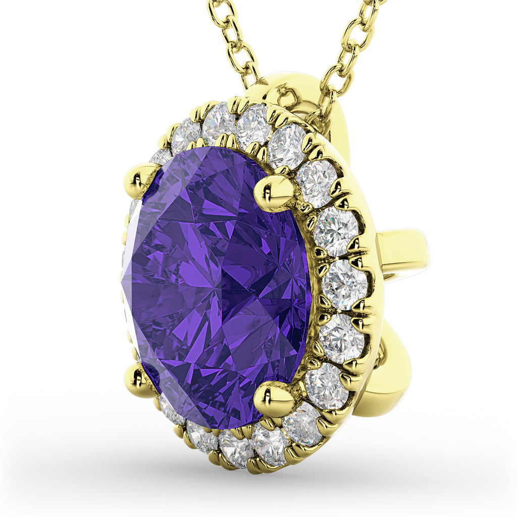 Halo Round Tanzanite & Diamond Pendant Necklace 14k Yellow Gold (2.09ct)