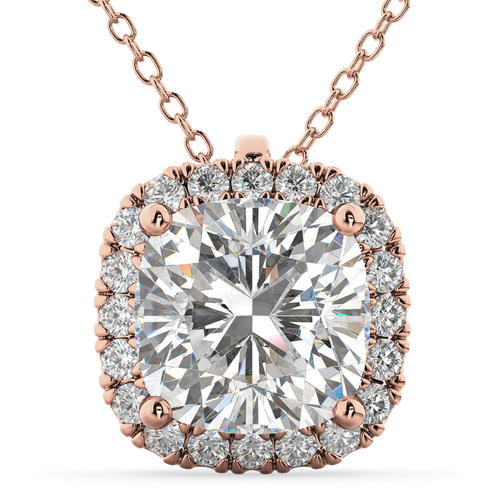 Halo Cushion Cut Diamond Pendant Necklace 14k Rose Gold (2.27ct)