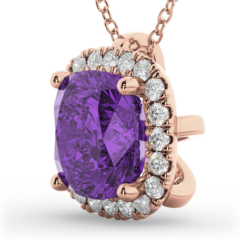 Halo Amethyst Cushion Cut Pendant Necklace 14k Rose Gold (2.02ct)
