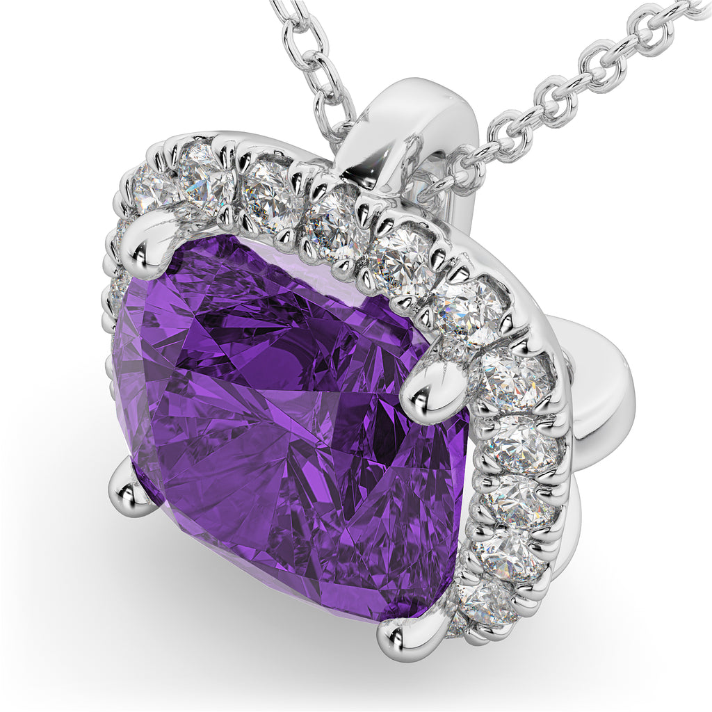 Halo Amethyst Cushion Cut Pendant Necklace 14k White Gold (2.02ct)