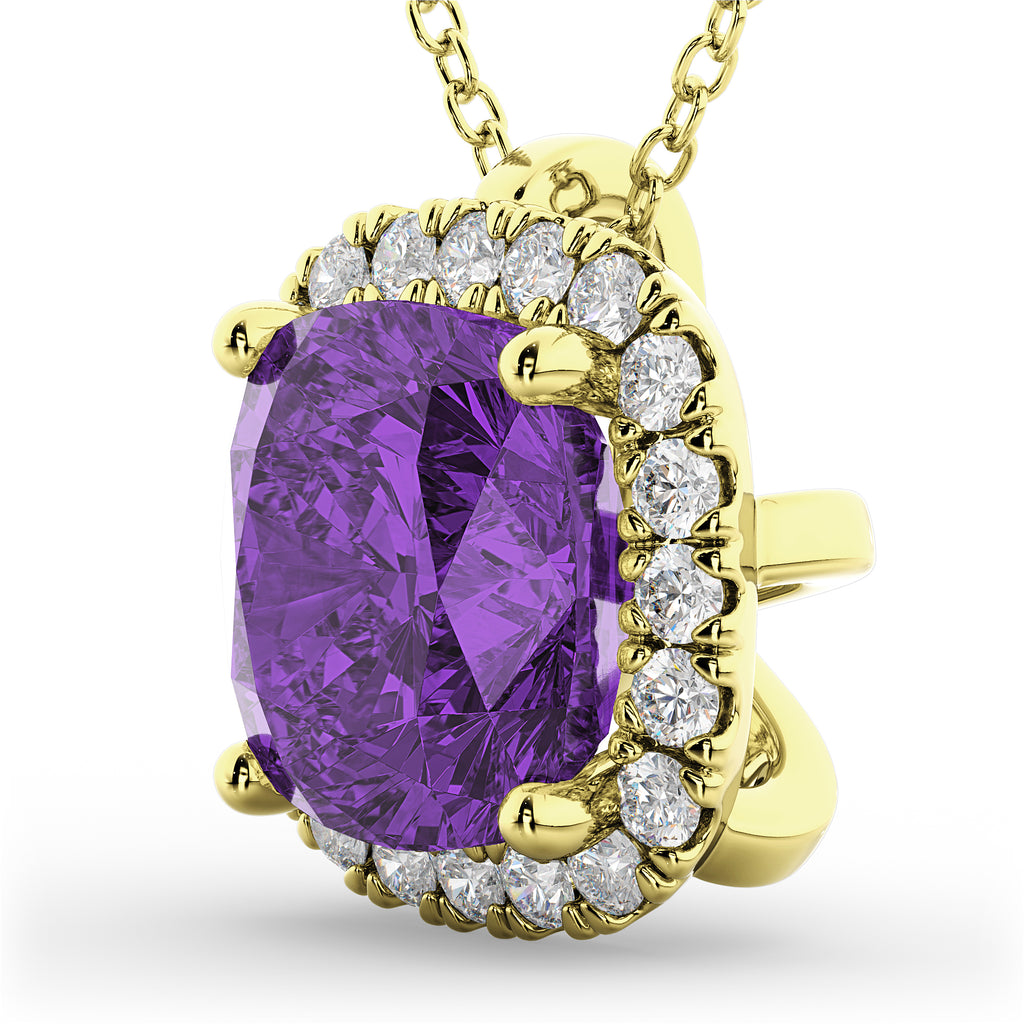 Halo Amethyst Cushion Cut Pendant Necklace 14k Yellow Gold (2.02ct)