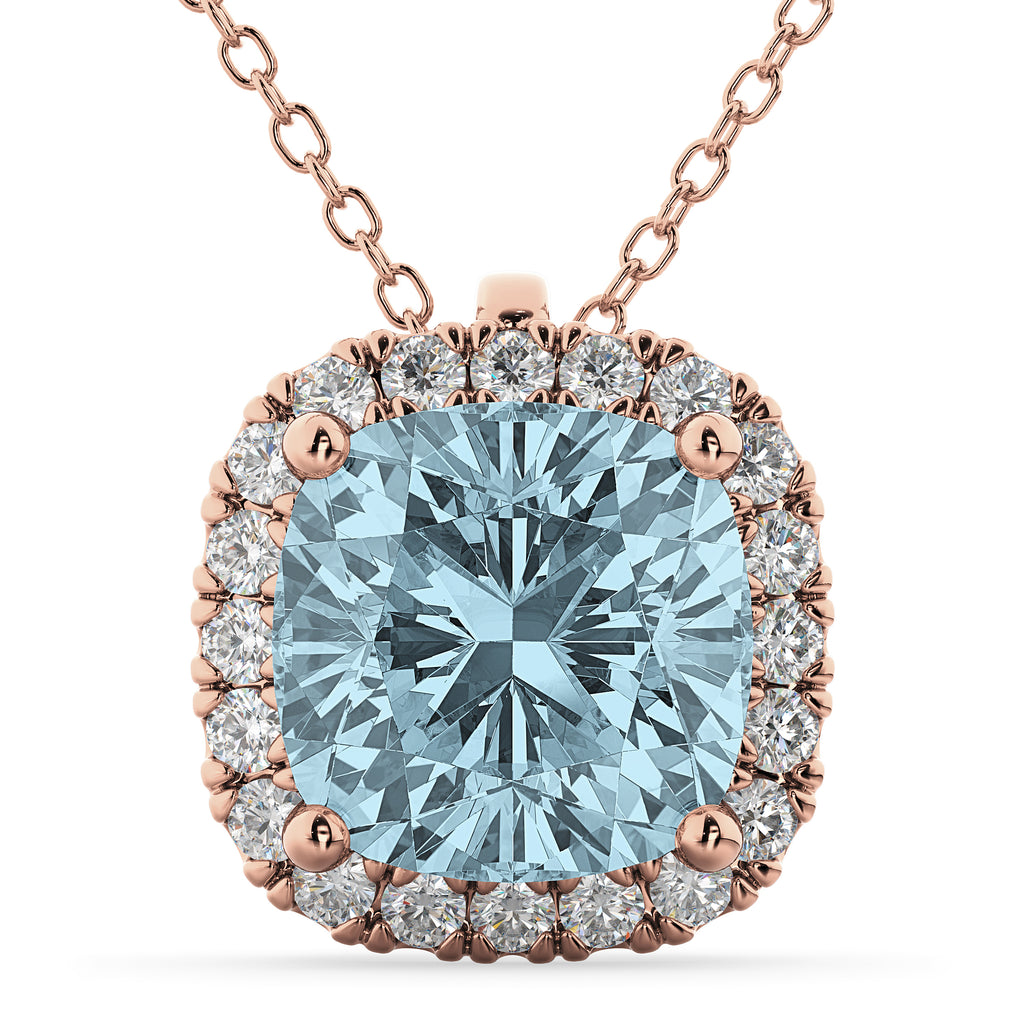 Halo Aquamarine Cushion Cut Pendant Necklace 14k Rose Gold (2.02ct)