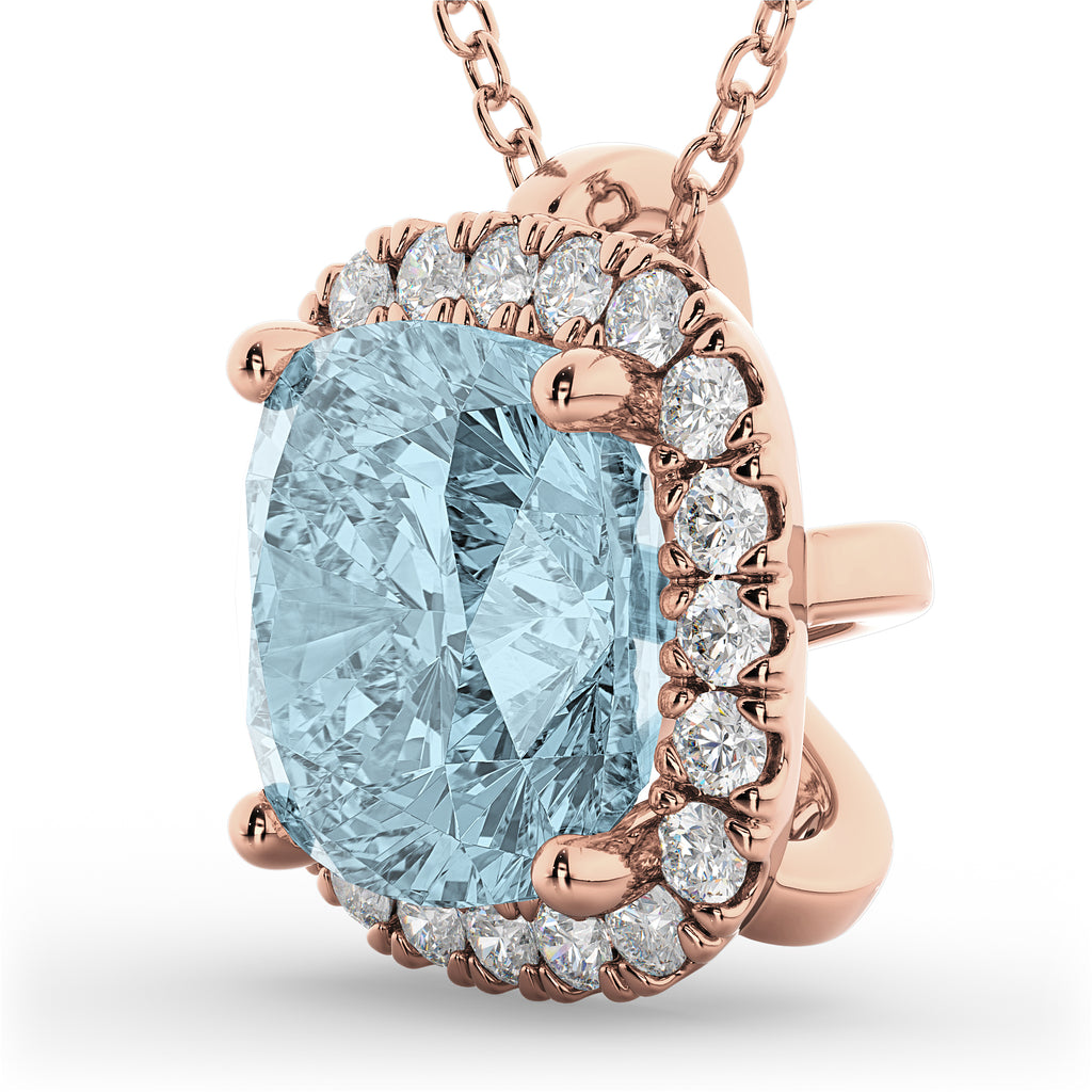 Halo Aquamarine Cushion Cut Pendant Necklace 14k Rose Gold (2.02ct)