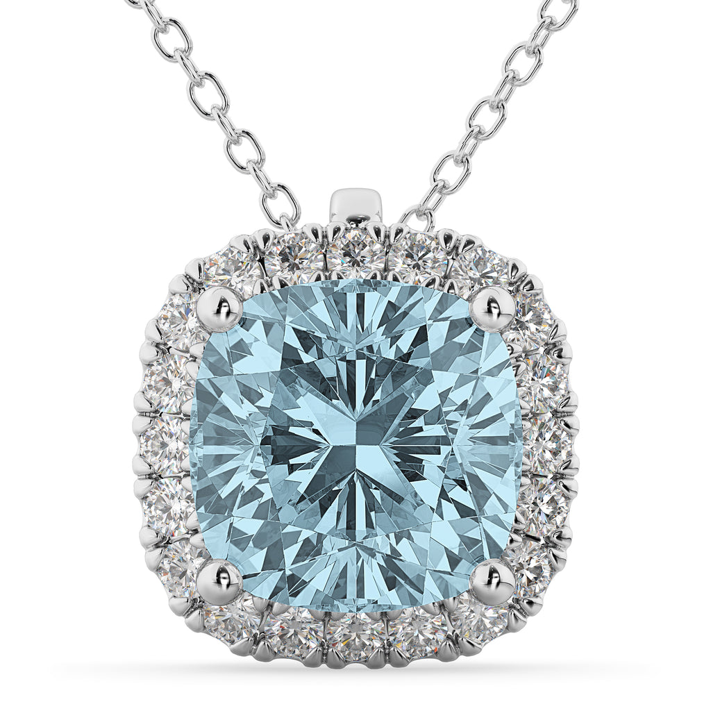 Halo Aquamarine Cushion Cut Pendant Necklace 14k White Gold (2.02ct)
