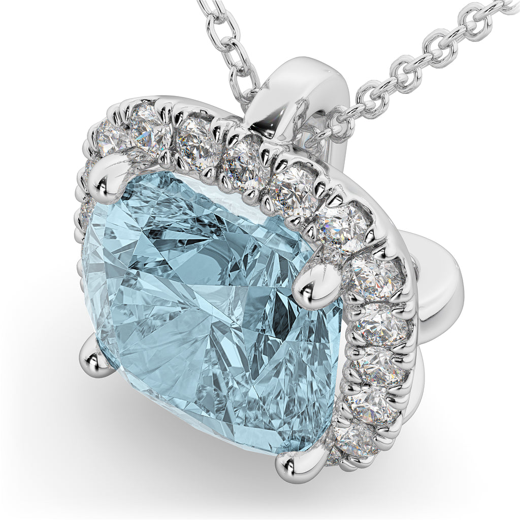Halo Aquamarine Cushion Cut Pendant Necklace 14k White Gold (2.02ct)