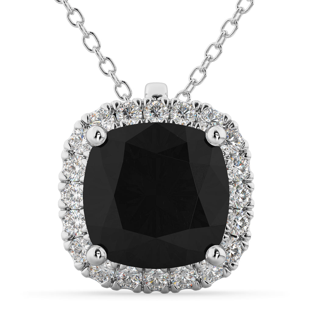 Halo Cushion Cut Black Diamond Necklace 14k White Gold (2.27ct)