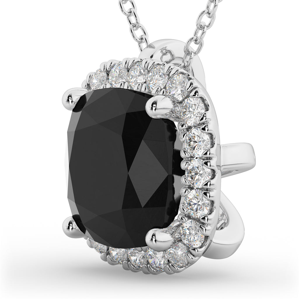 Halo Cushion Cut Black Diamond Necklace 14k White Gold (2.27ct)