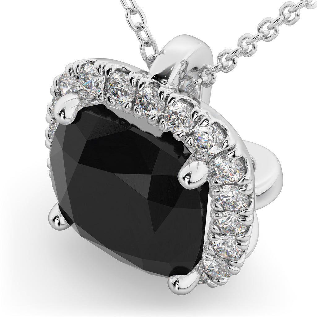 Halo Cushion Cut Black Diamond Necklace 14k White Gold (2.27ct)