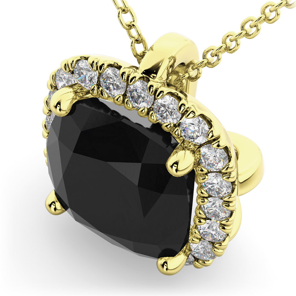 Halo Cushion Cut Black Diamond Necklace 14k Yellow Gold (2.27ct)