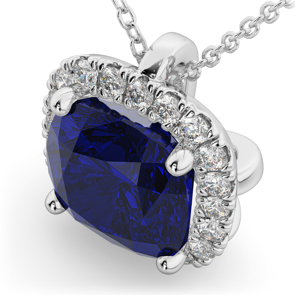 Halo Blue Sapphire Cushion Cut Pendant Necklace 14k White Gold (2.02ct)