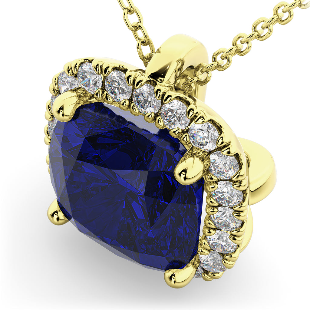 Halo Blue Sapphire Cushion Cut Pendant Necklace 14k Yellow Gold (2.02ct)