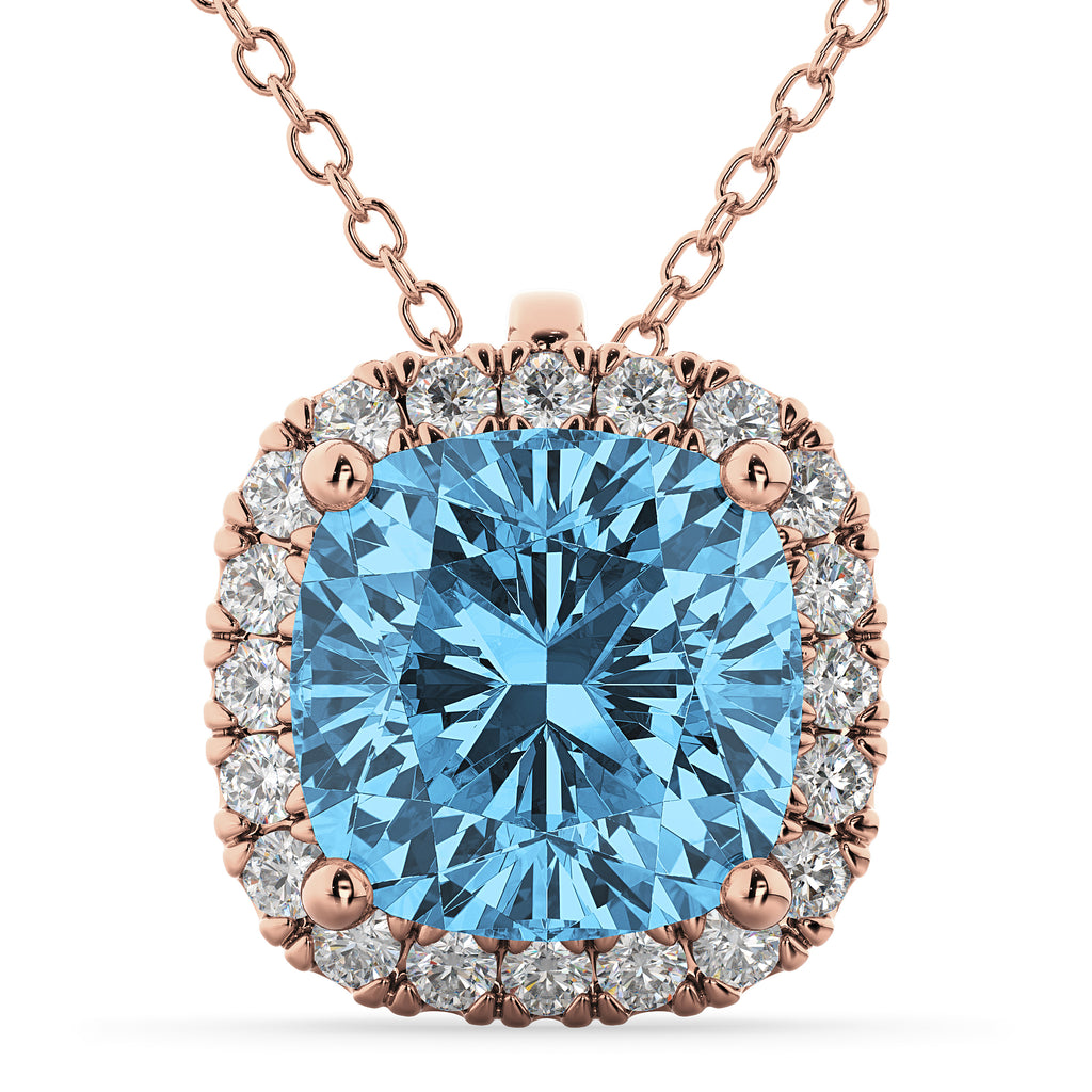 Halo Blue Topaz Cushion Cut Pendant Necklace 14k Rose Gold (2.02ct)