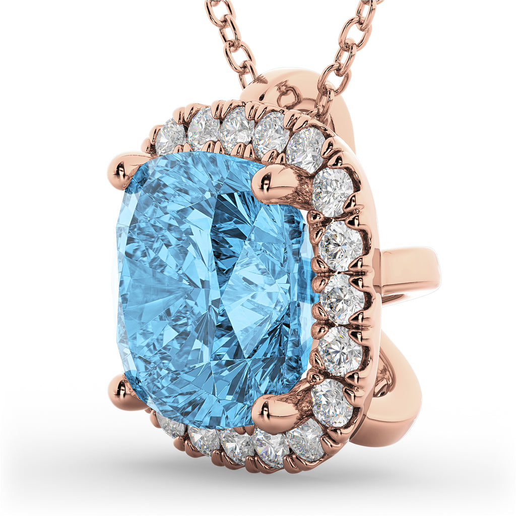 Halo Blue Topaz Cushion Cut Pendant Necklace 14k Rose Gold (2.02ct)