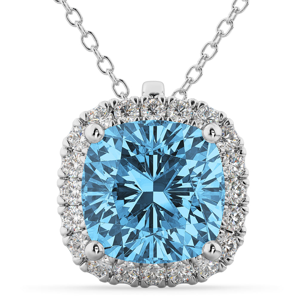 Halo Blue Topaz Cushion Cut Pendant Necklace 14k White Gold (2.02ct)