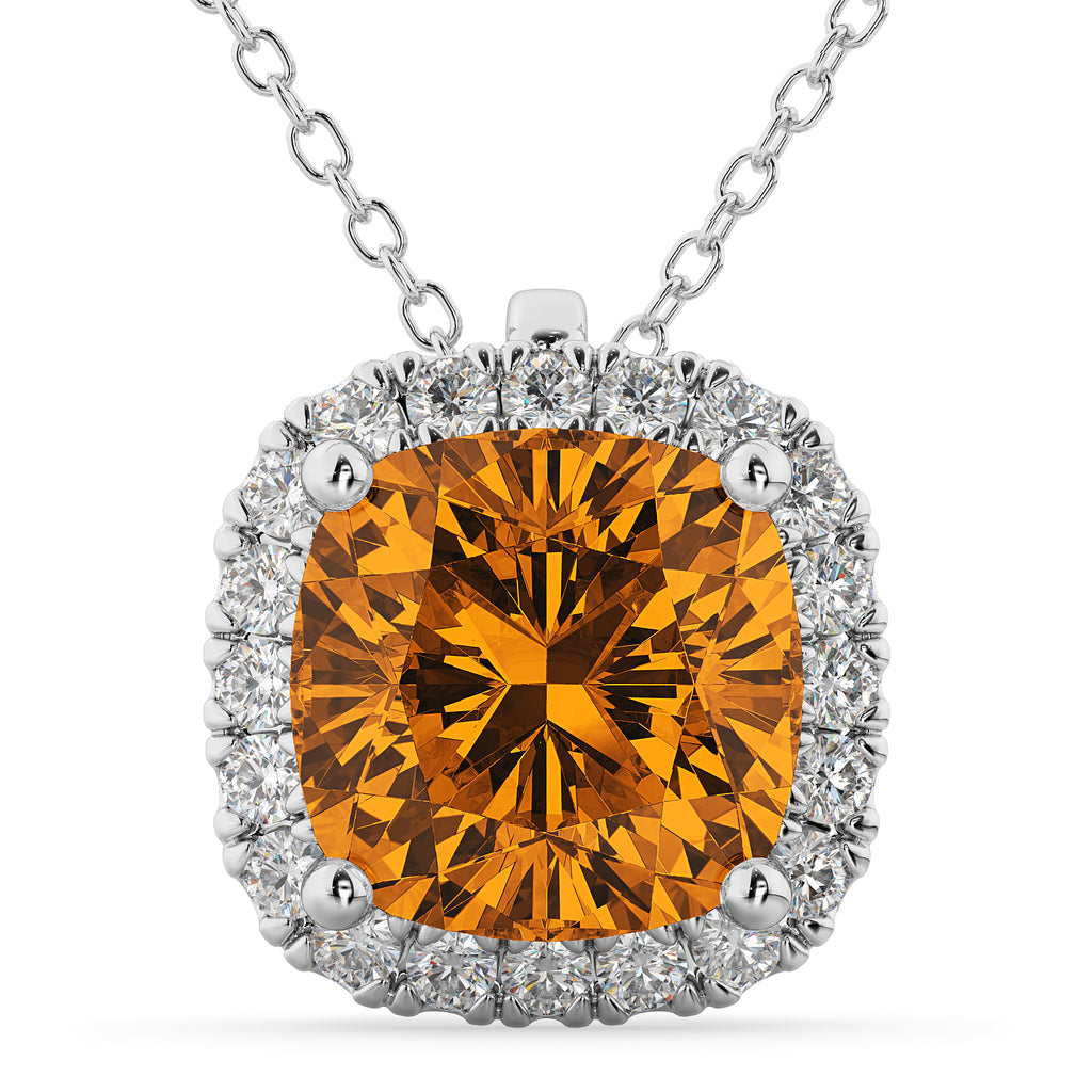 Halo Citrine Cushion Cut Pendant Necklace 14k White Gold (2.02ct)