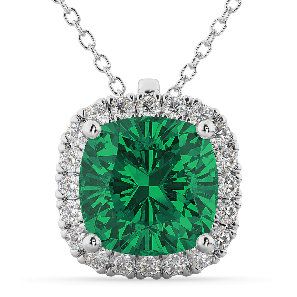 Halo Emerald Cushion Cut Pendant Necklace 14k White Gold (2.02ct)