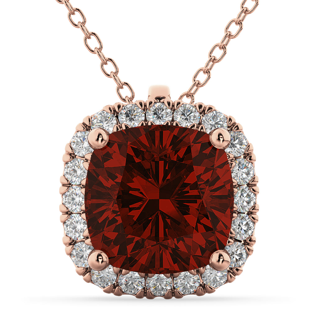 Halo Garnet Cushion Cut Pendant Necklace 14k Rose Gold (2.02ct)