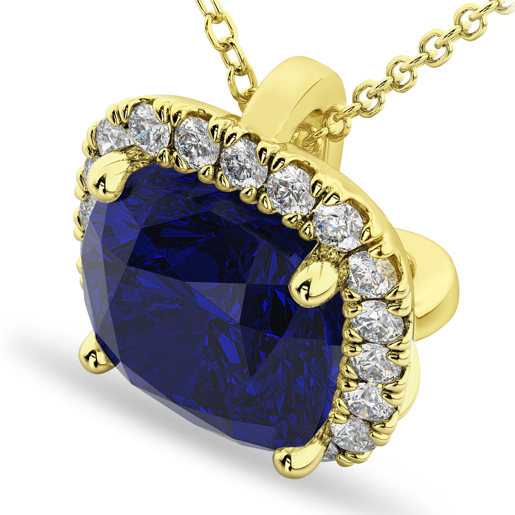 Halo Lab Blue Sapphire Cushion Cut Pendant Necklace 14k Yellow Gold (2.02ct)