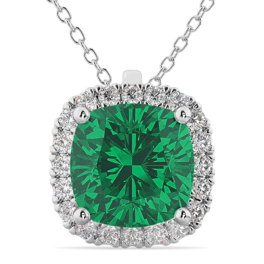 Halo Lab Emerald Cushion Cut Pendant Necklace 14k White Gold (2.02ct)
