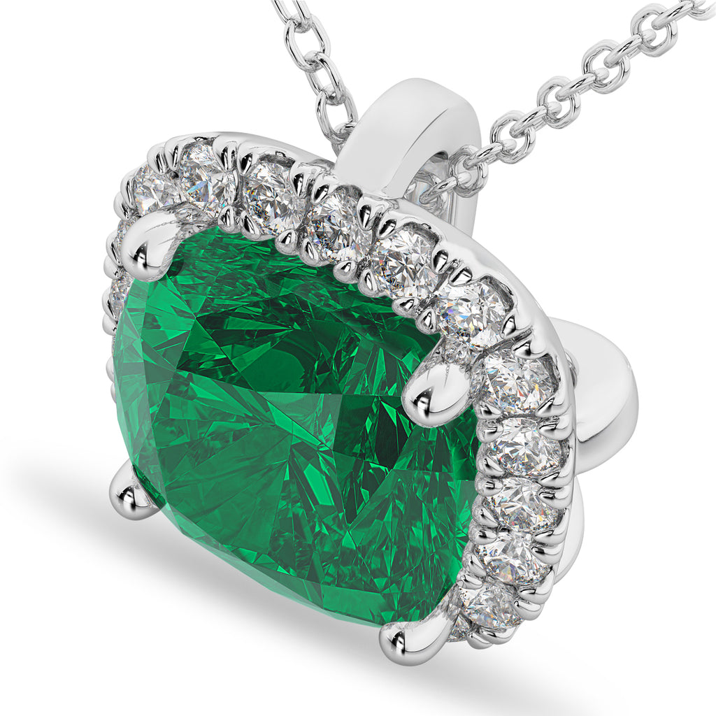 Halo Lab Emerald Cushion Cut Pendant Necklace 14k White Gold (2.02ct)