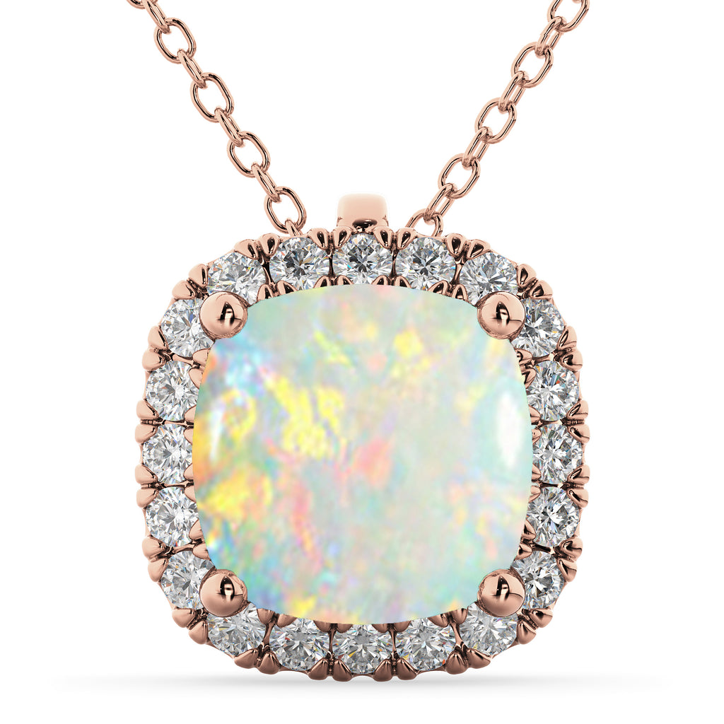 Halo Opal Cushion Cut Pendant Necklace 14k Rose Gold (2.02ct)
