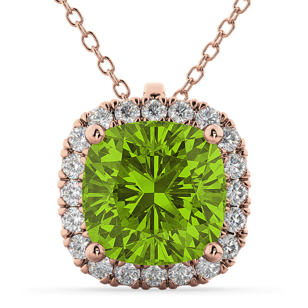 Halo Peridot Cushion Cut Pendant Necklace 14k Rose Gold (2.02ct)