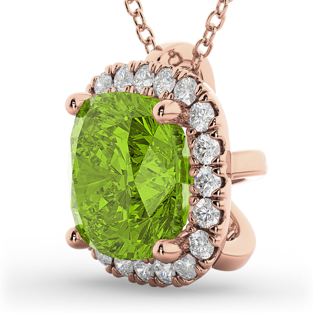 Halo Peridot Cushion Cut Pendant Necklace 14k Rose Gold (2.02ct)