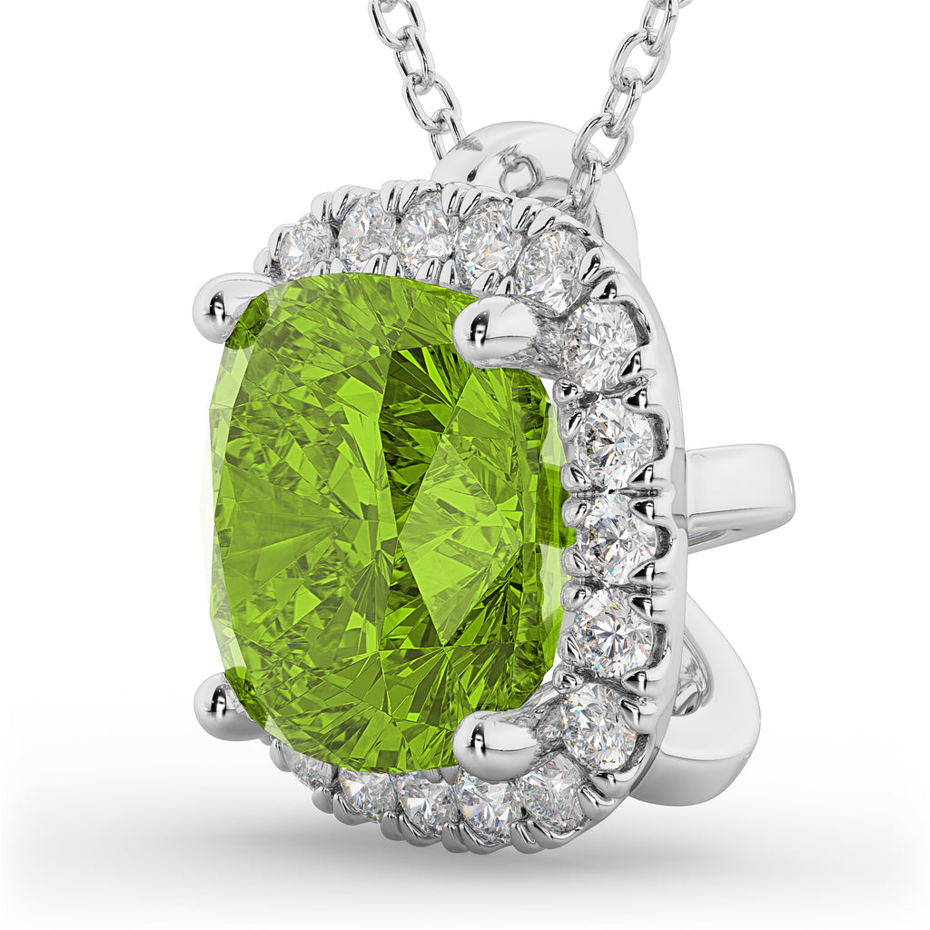 Halo Peridot Cushion Cut Pendant Necklace 14k White Gold (2.02ct)