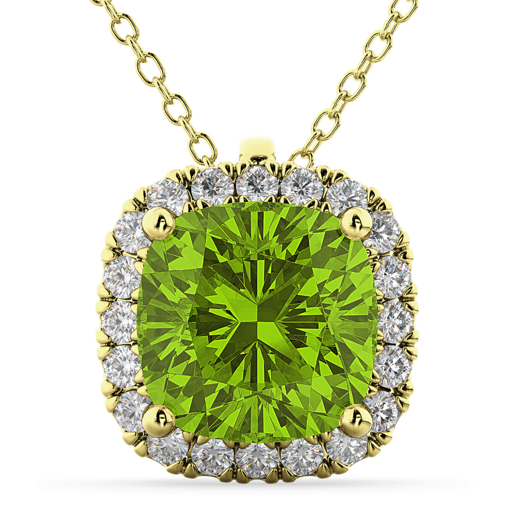 Halo Peridot Cushion Cut Pendant Necklace 14k Yellow Gold (2.02ct)