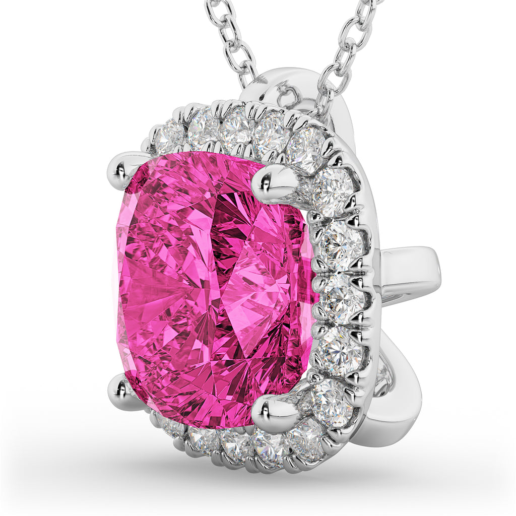 Halo Pink Tourmaline Cushion Cut Pendant Necklace 14k White Gold (2.02ct)