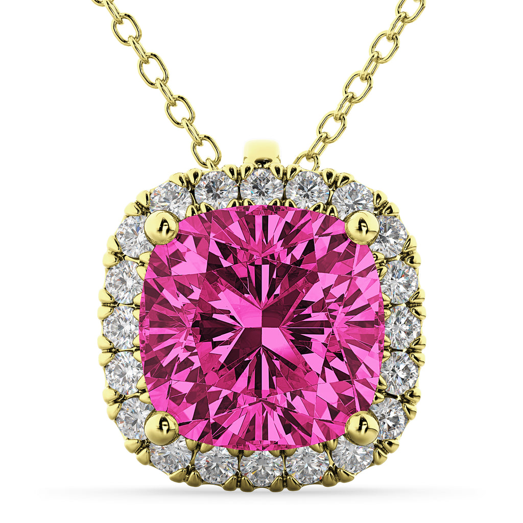 Halo Pink Tourmaline Cushion Cut Pendant Necklace 14k Yellow Gold (2.02ct)