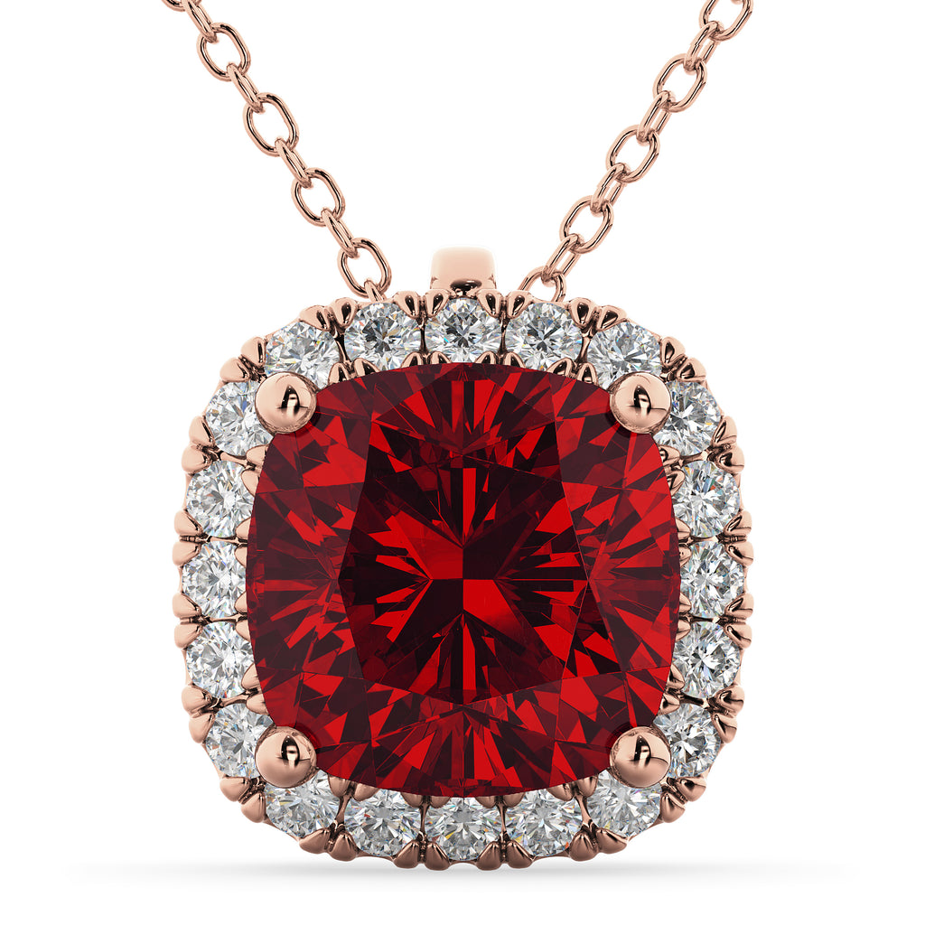 Halo Ruby Cushion Cut Pendant Necklace 14k Rose Gold (2.02ct)