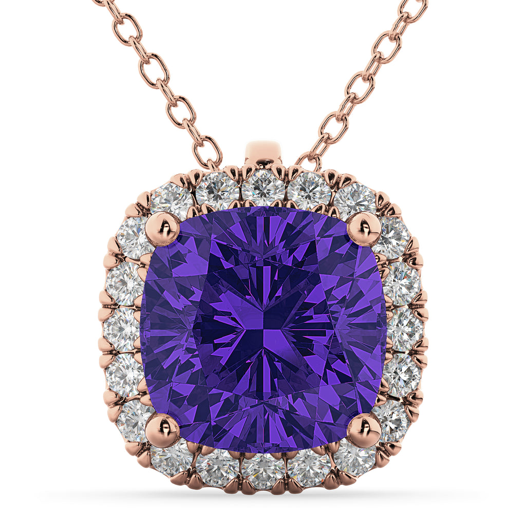 Halo Tanzanite Cushion Cut Pendant Necklace 14k Rose Gold (2.02ct)