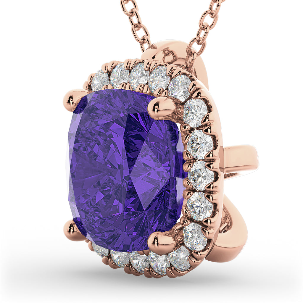 Halo Tanzanite Cushion Cut Pendant Necklace 14k Rose Gold (2.02ct)