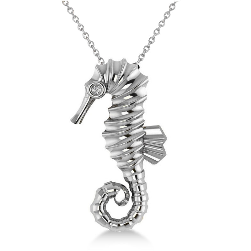Diamond Seahorse Pendant Necklace 14k White Gold (0.01ct)