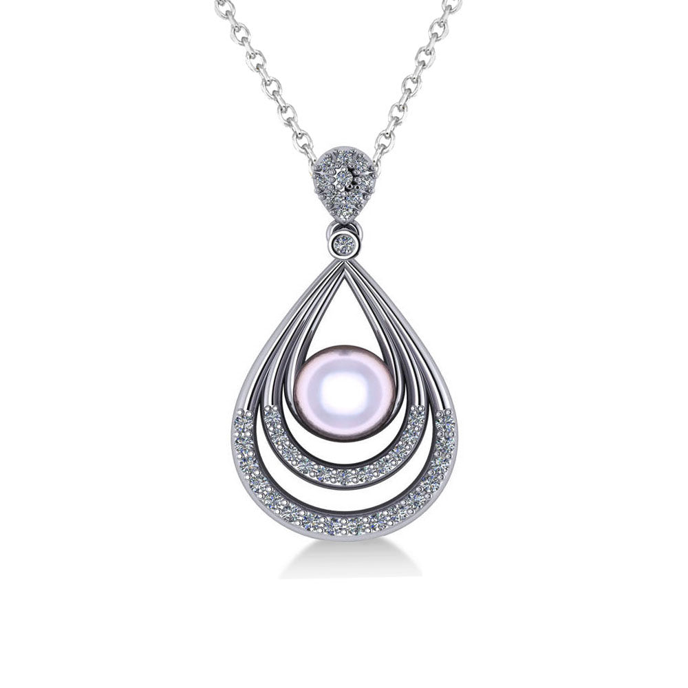 Pearl & Diamond Tear Drop Pendant Necklace 14k White Gold (0.46ct)