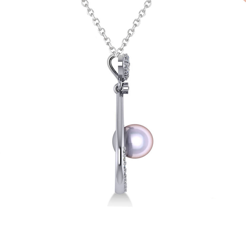 Pearl & Diamond Tear Drop Pendant Necklace 14k White Gold (0.46ct)