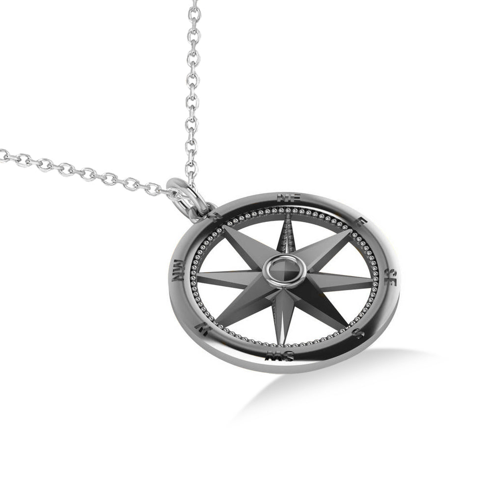 Nautical Compass Pendant Necklace Plain Metal 14k White Gold