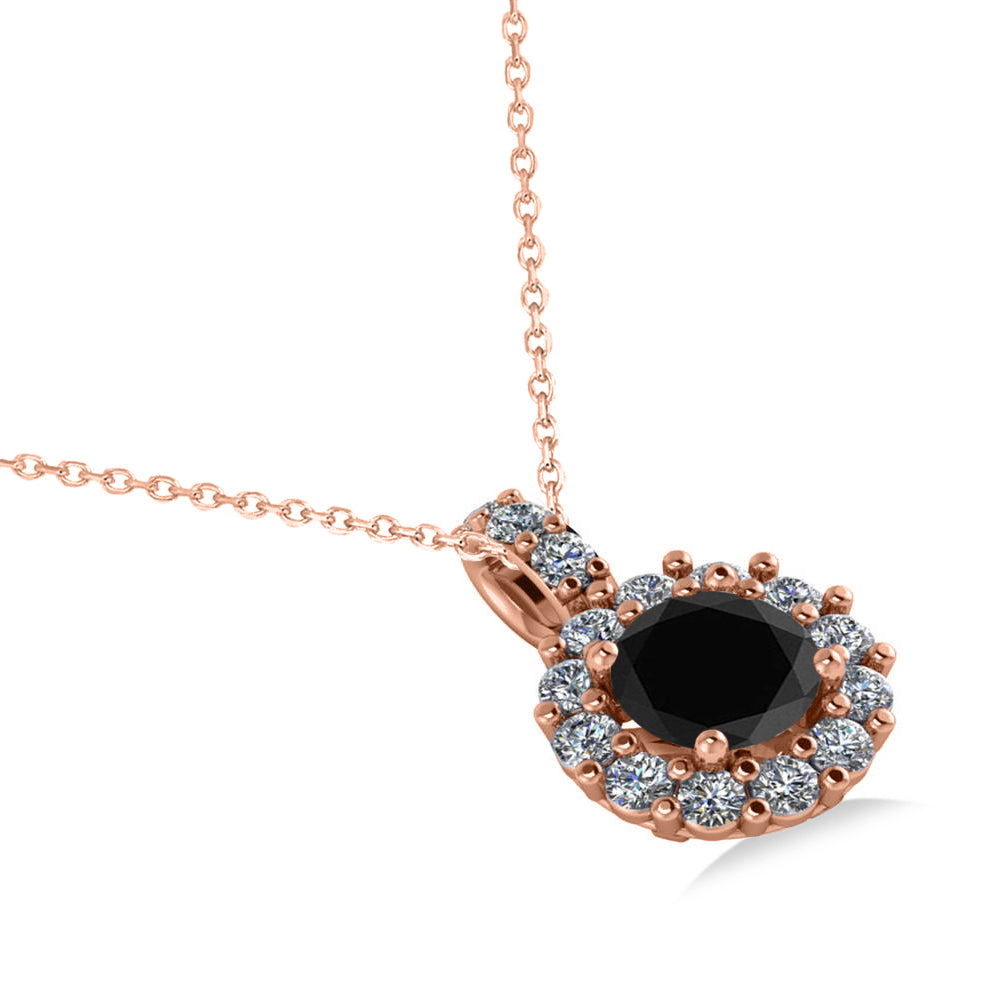 Round Black Diamond & Diamond Halo Pendant Necklace 14k Rose Gold (0.80ct)