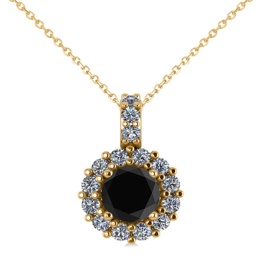 Round Black Diamond & Diamond Halo Pendant Necklace 14k Yellow Gold (0.80ct)