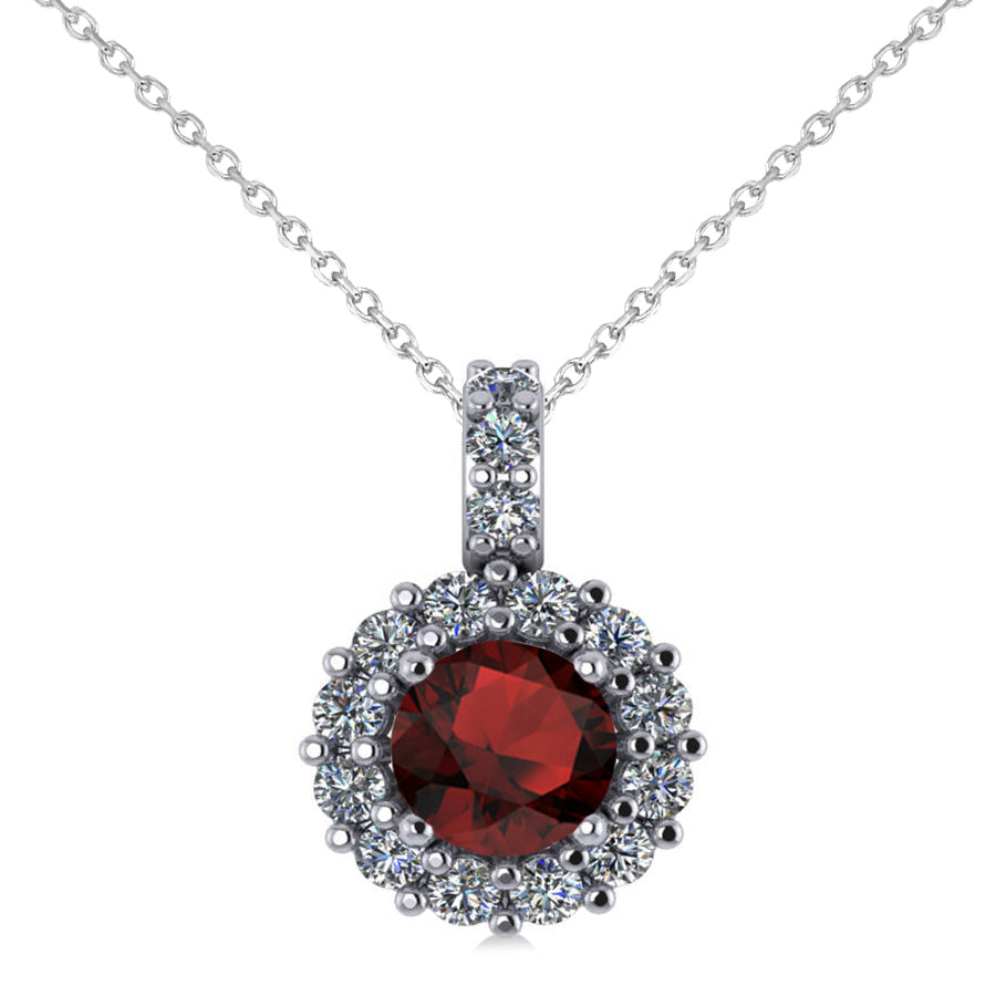 Round Garnet & Diamond Halo Pendant Necklace 14k White Gold (0.90ct)