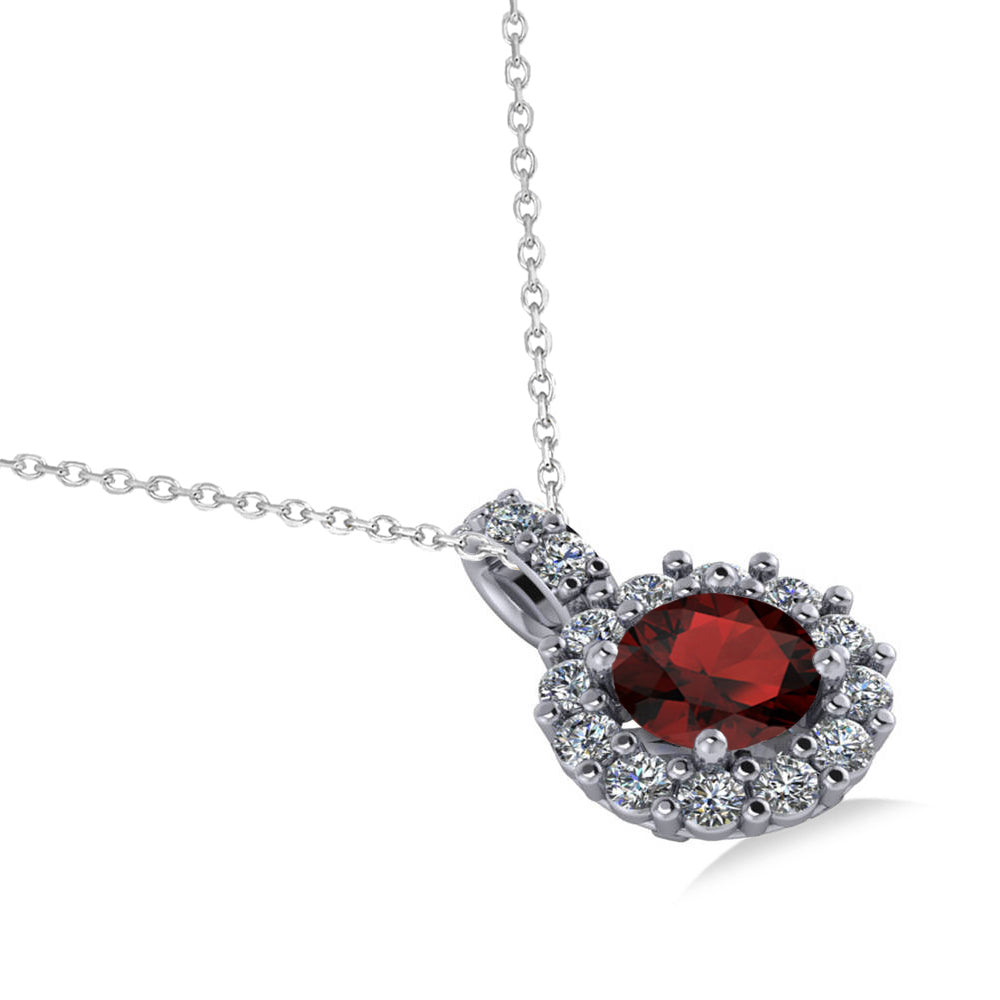 Round Garnet & Diamond Halo Pendant Necklace 14k White Gold (0.90ct)