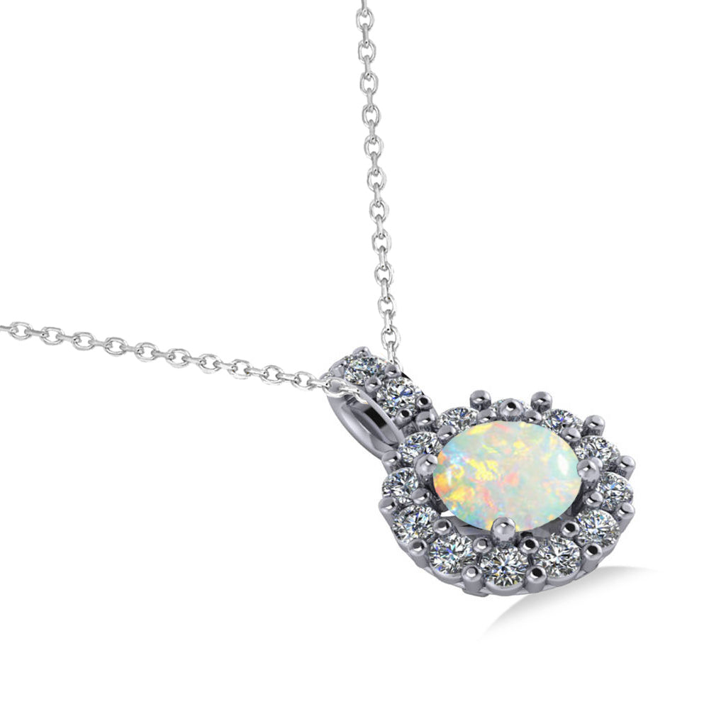 Round Opal & Diamond Halo Pendant Necklace 14k White Gold (0.64ct)