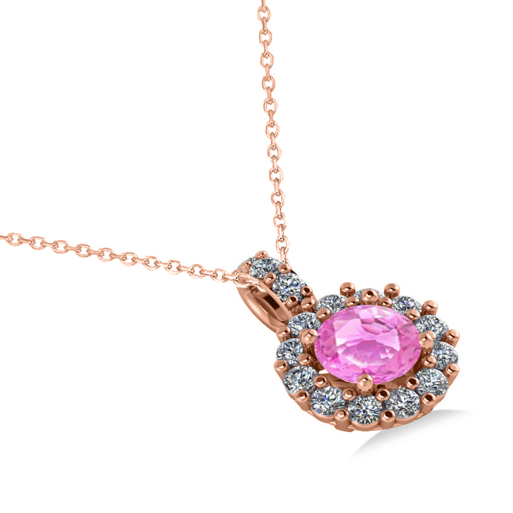 Round Pink Sapphire & Diamond Halo Pendant Necklace 14k Rose Gold (0.90ct)
