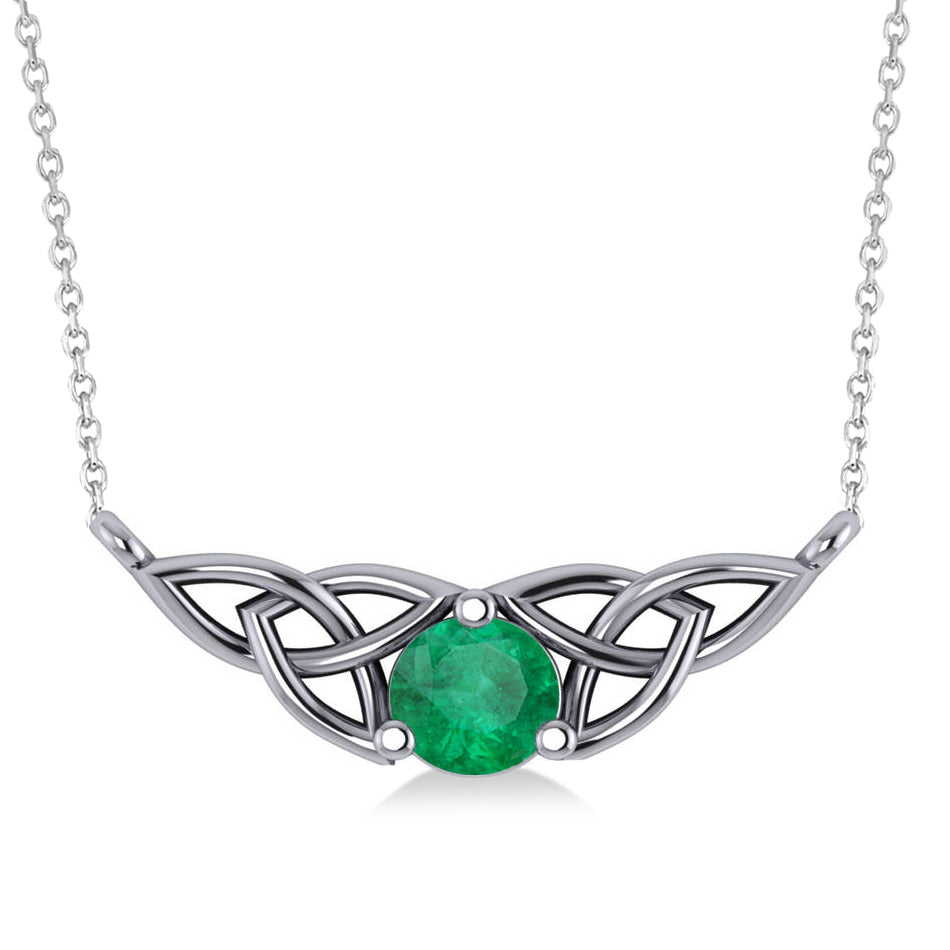 Celtic Round Emerald Pendant Necklace 14k White Gold (0.48ct)